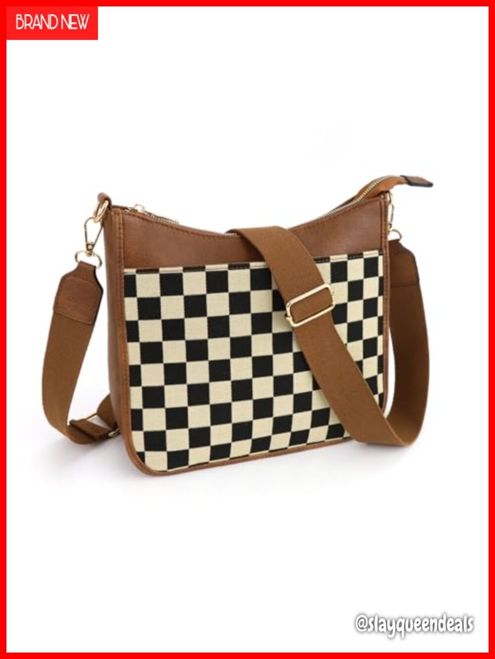 Vegan Leather Checkered Crossbody Messenger Bag Embroidered Strap